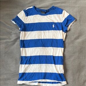 Blue and white striped ralph lauren sport tee with embroidered logo